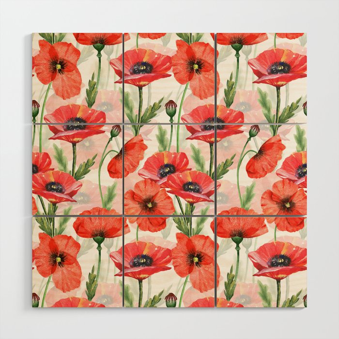 Summer Botanical Poppies Field Wood Wall Art Gallery Image 1