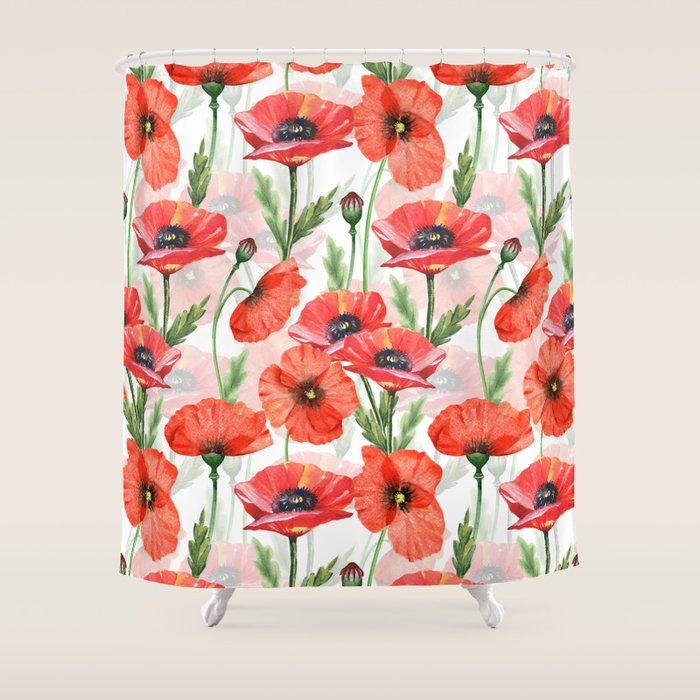 Summer Botanical Poppies Field Shower Curtain Gallery Image 1