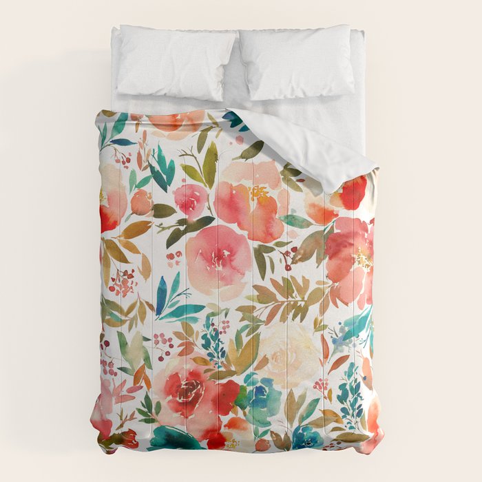 Red Turquoise Teal Floral Watercolor Comforter Gallery Image 1