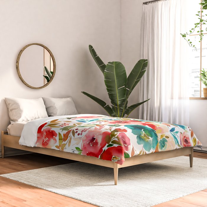 Red Turquoise Teal Floral Watercolor Comforter Gallery Image 2