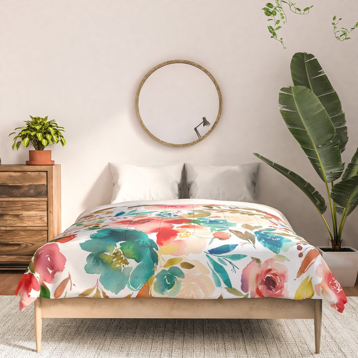 Red Turquoise Teal Floral Watercolor Comforter Gallery Image 3