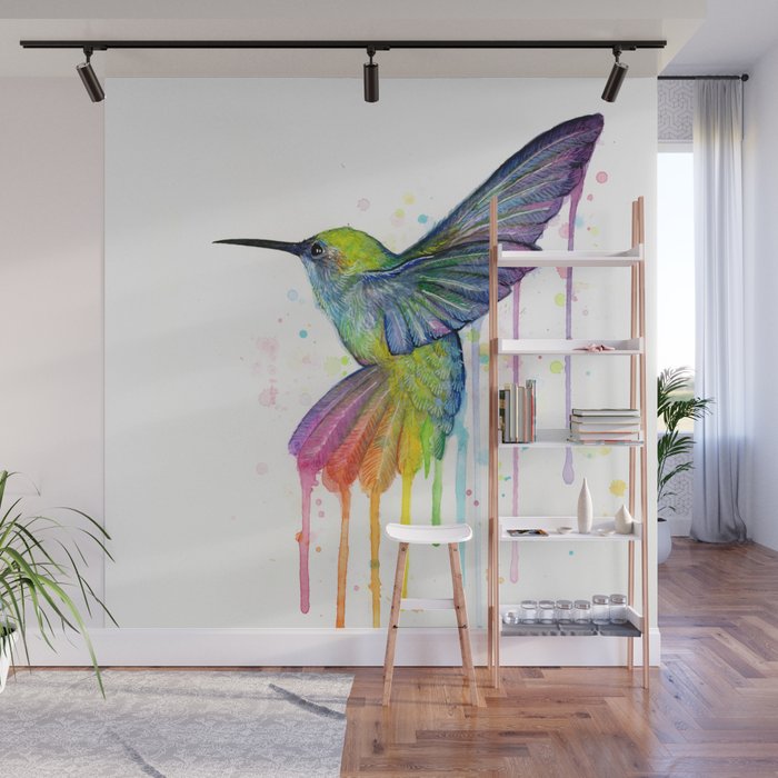 Hummingbird Rainbow Watercolor Wall Mural Gallery Image 1