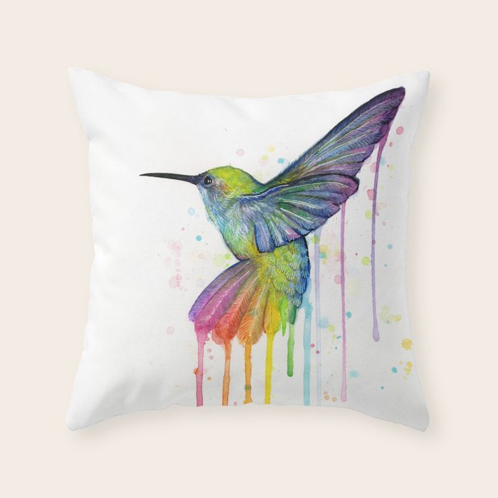 Hummingbird Rainbow Watercolor Throw Pillow Gallery Image 1