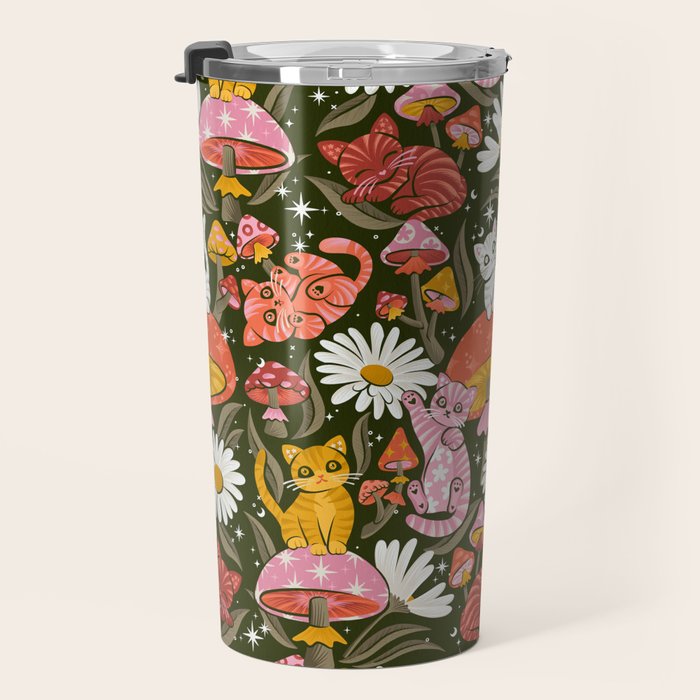 Kittens & Shrooms - Pink & Coral on Olive Travel Mug Gallery Image 3
