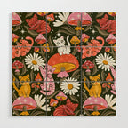 Kittens & Shrooms - Pink & Coral on Olive Wood Wall Art Gallery Image 1