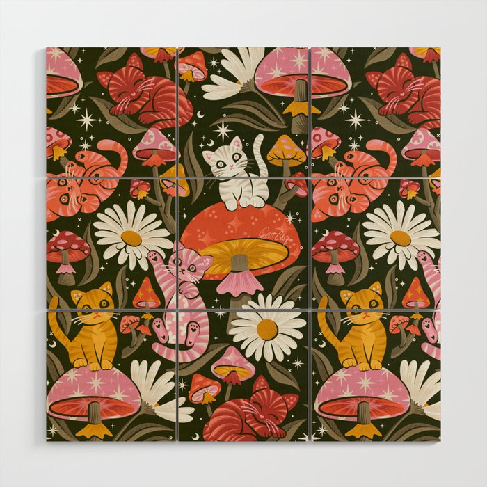 Kittens & Shrooms - Pink & Coral on Olive Wood Wall Art Gallery Image 1