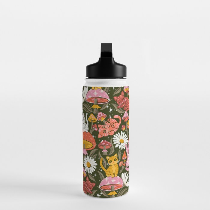 Kittens & Shrooms - Pink & Coral on Olive Water Bottle Gallery Image 3