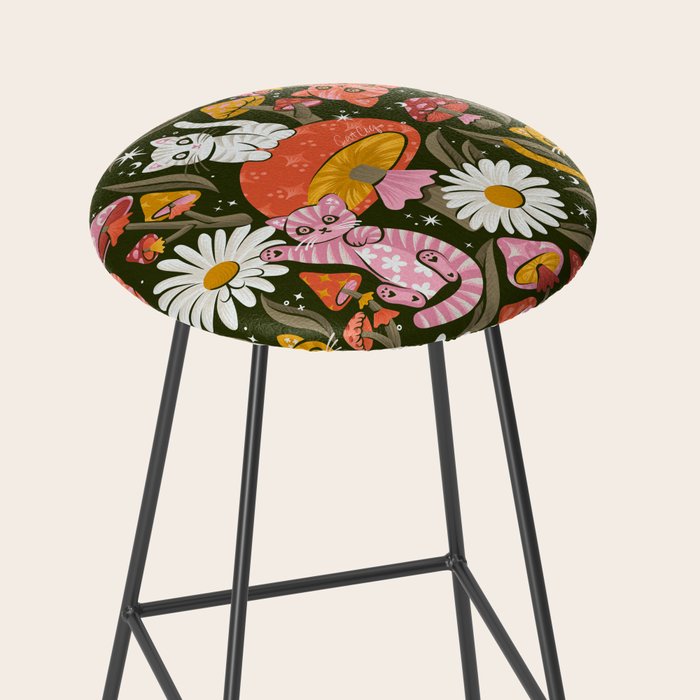 Kittens & Shrooms - Pink & Coral on Olive Stool Gallery Image 2