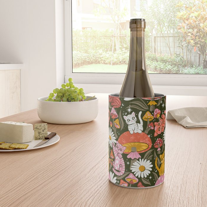 Kittens & Shrooms - Pink & Coral on Olive Wine Chiller Gallery Image 4