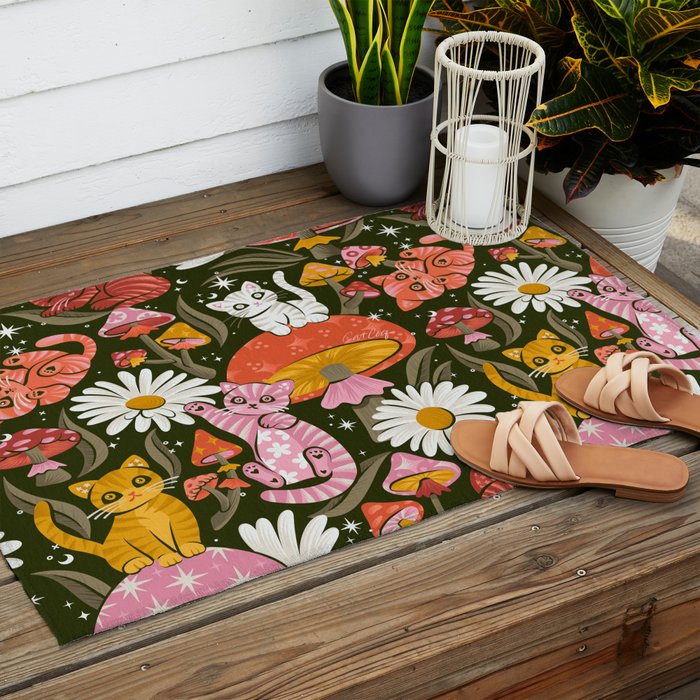 Kittens & Shrooms - Pink & Coral on Olive Outdoor Rug Gallery Image 2