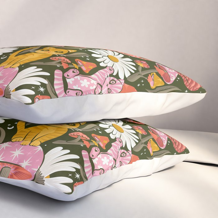 Kittens & Shrooms - Pink & Coral on Olive Pillow Sham Gallery Image 3