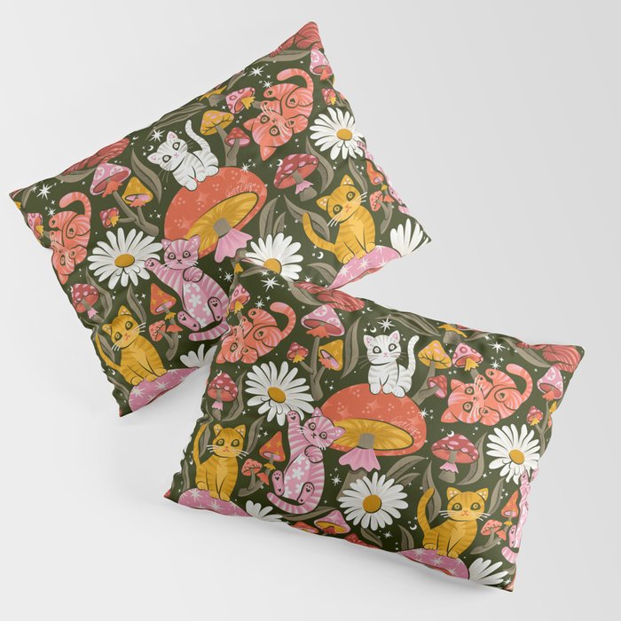 Kittens & Shrooms - Pink & Coral on Olive Pillow Sham Gallery Image 3