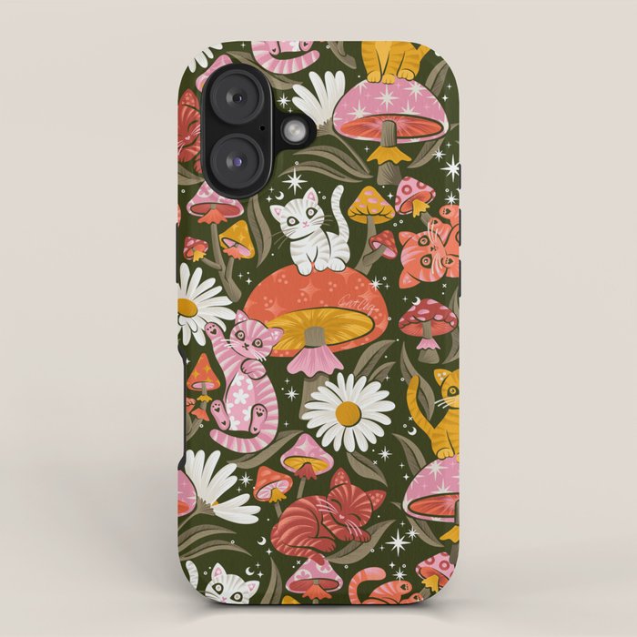Kittens & Shrooms - Pink & Coral on Olive iPhone Case Gallery Image 1