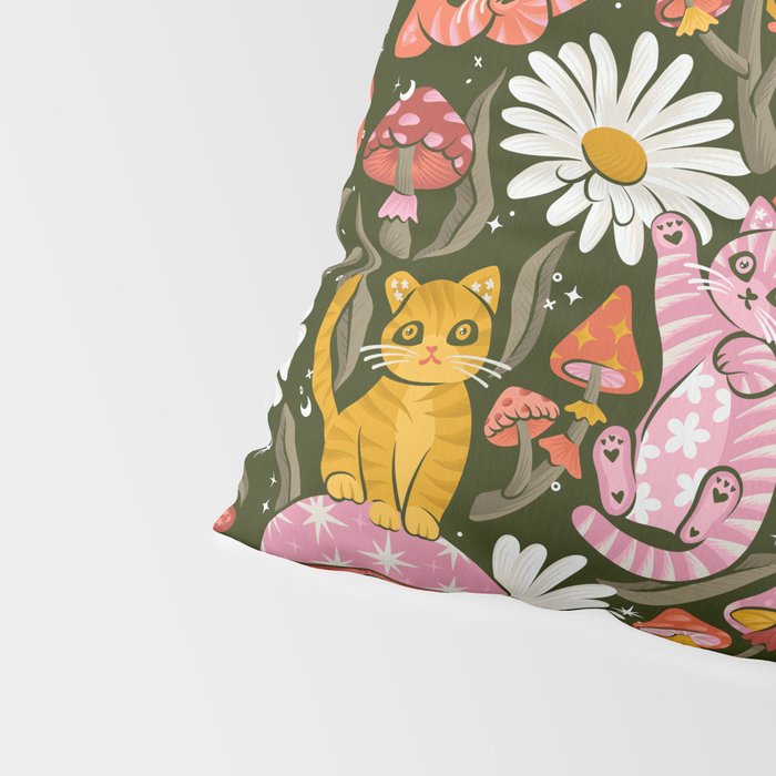 Kittens & Shrooms - Pink & Coral on Olive Pillow Sham Gallery Image 4