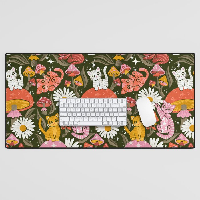 Kittens & Shrooms - Pink & Coral on Olive Desk Mat Gallery Image 1