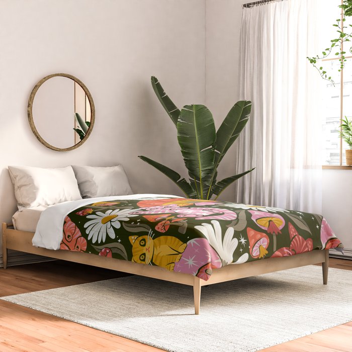 Kittens & Shrooms - Pink & Coral on Olive Comforter Gallery Image 2