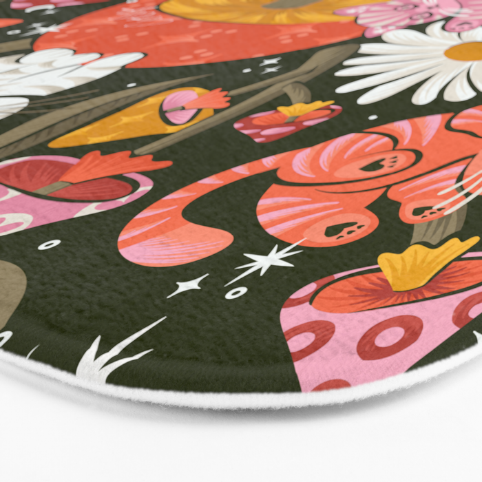 Kittens & Shrooms - Pink & Coral on Olive Bath Mat Gallery Image 3