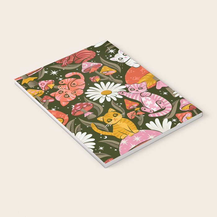 Kittens & Shrooms - Pink & Coral on Olive Notebook Gallery Image 3