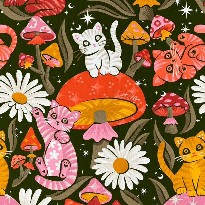 Kittens & Shrooms - Pink & Coral on Olive Coffee Mug Gallery Image 2