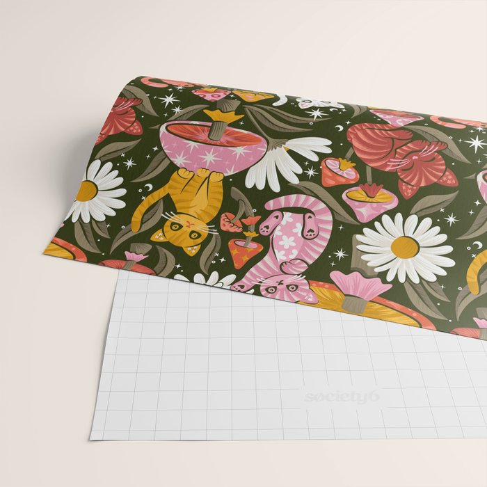 Kittens & Shrooms - Pink & Coral on Olive Wrapping Paper Gallery Image 2
