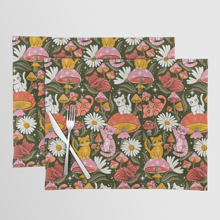 Kittens & Shrooms - Pink & Coral on Olive Placemat Gallery Image 1