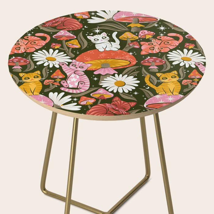 Kittens & Shrooms - Pink & Coral on Olive Side Table Gallery Image 2