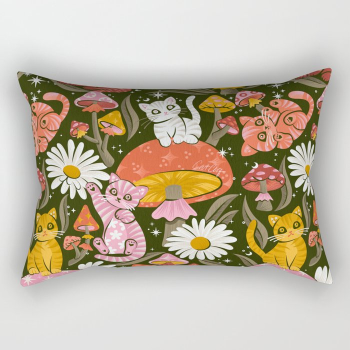 Kittens & Shrooms - Pink & Coral on Olive Rectangular Pillow Gallery Image 2