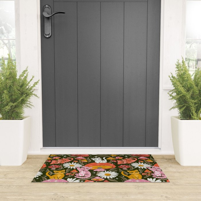 Kittens & Shrooms - Pink & Coral on Olive Welcome Mat Gallery Image 3