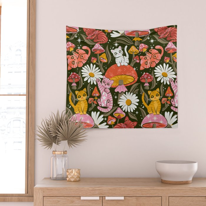 Kittens & Shrooms - Pink & Coral on Olive Wall Tapestry Gallery Image 2