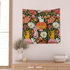 Kittens & Shrooms - Pink & Coral on Olive Wall Tapestry Gallery Image 2