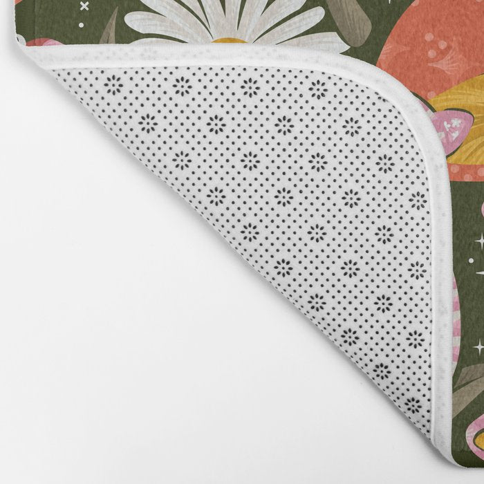 Kittens & Shrooms - Pink & Coral on Olive Bath Mat Gallery Image 2