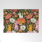 Kittens & Shrooms - Pink & Coral on Olive Welcome Mat Gallery Image 1