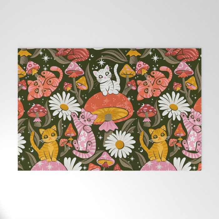 Kittens & Shrooms - Pink & Coral on Olive Welcome Mat Gallery Image 1