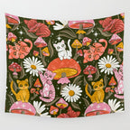 Kittens & Shrooms - Pink & Coral on Olive Wall Tapestry Gallery Image 4