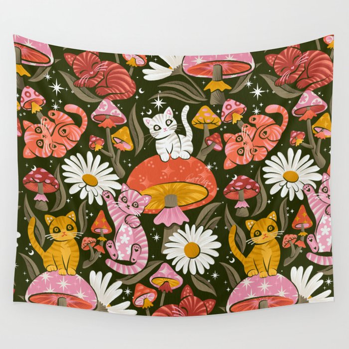 Kittens & Shrooms - Pink & Coral on Olive Wall Tapestry Gallery Image 4