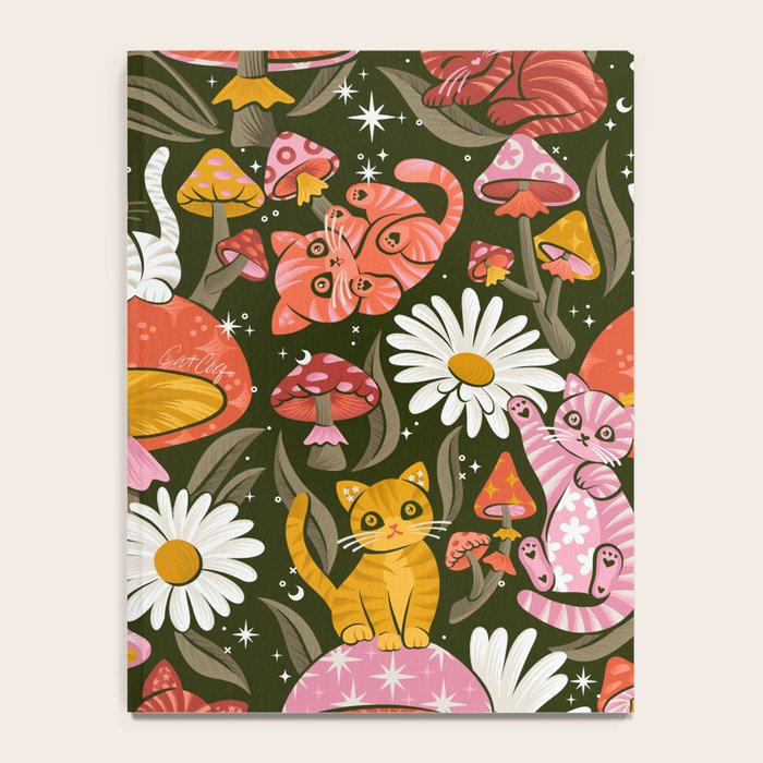 Kittens & Shrooms - Pink & Coral on Olive Notebook Gallery Image 4