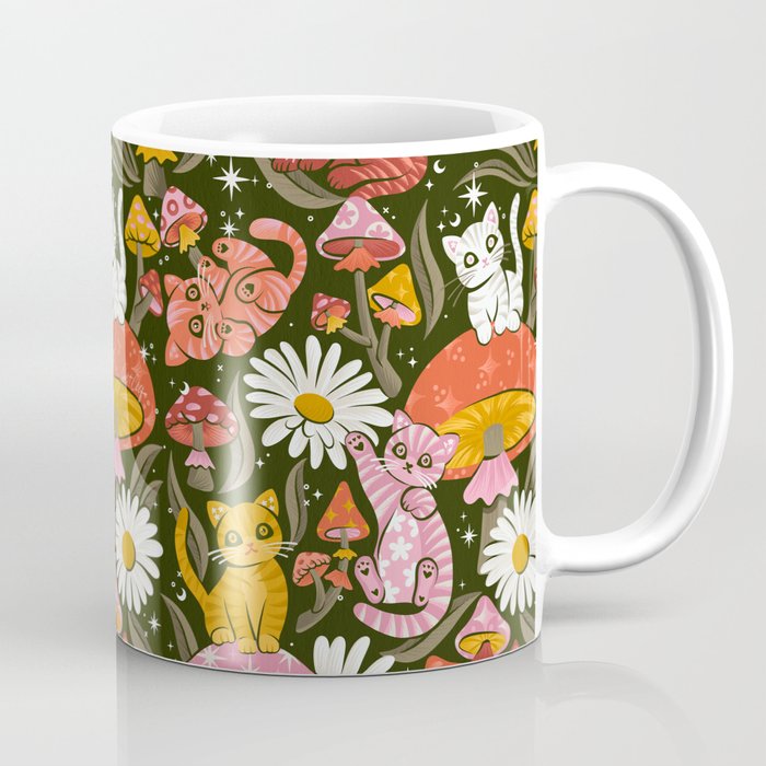 Kittens & Shrooms - Pink & Coral on Olive Coffee Mug Gallery Image 1