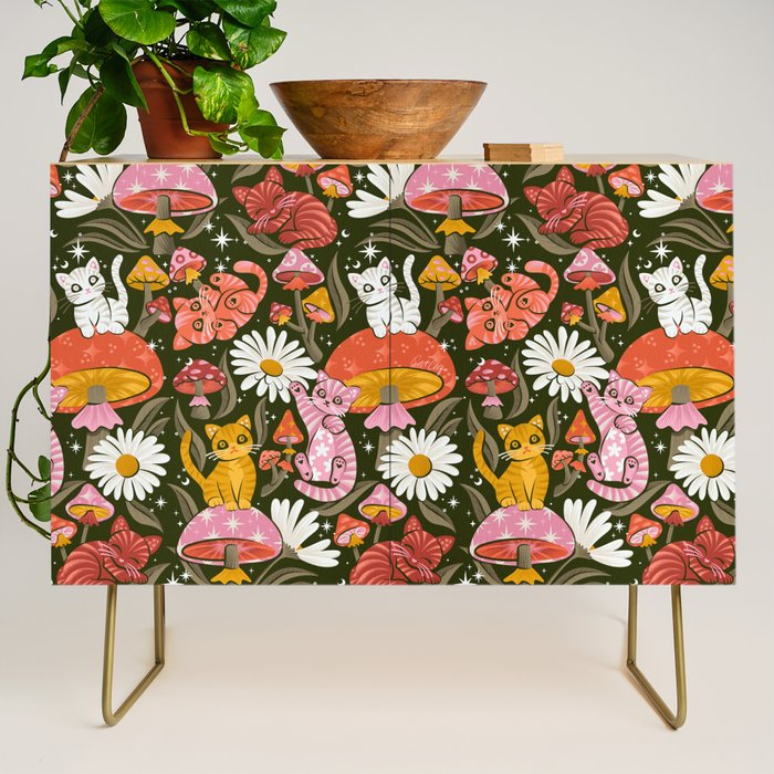 Kittens & Shrooms - Pink & Coral on Olive Credenza Gallery Image 1
