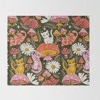 Kittens & Shrooms - Pink & Coral on Olive Throw Blanket Gallery Image 2