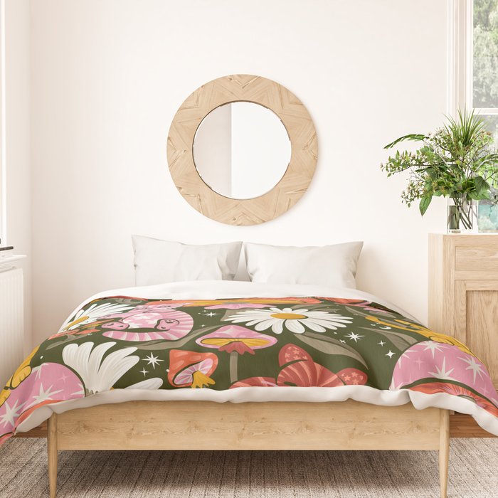 Kittens & Shrooms - Pink & Coral on Olive Duvet Cover Gallery Image 3