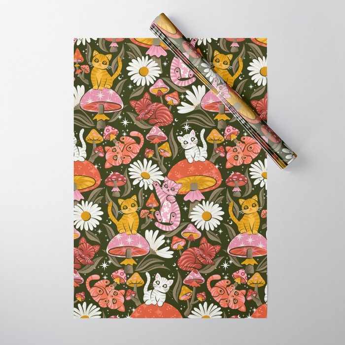 Kittens & Shrooms - Pink & Coral on Olive Wrapping Paper Gallery Image 1