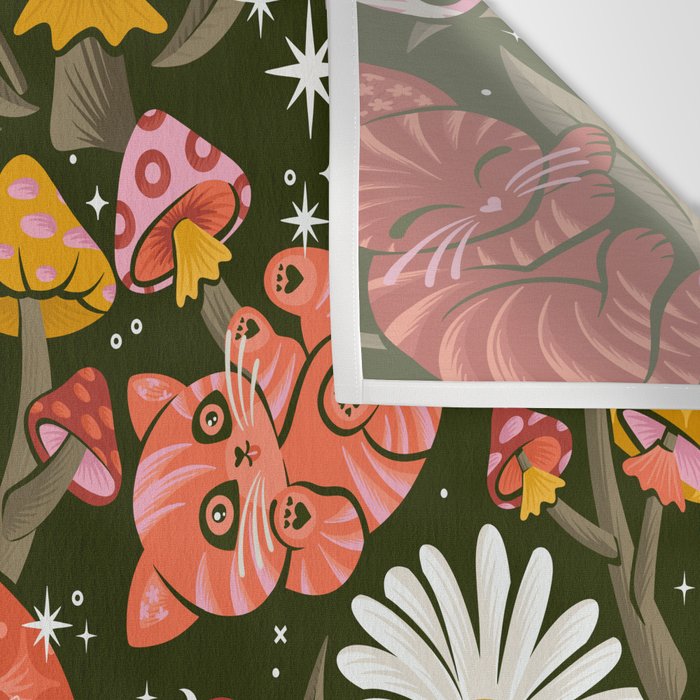 Kittens & Shrooms - Pink & Coral on Olive Wall Tapestry Gallery Image 3