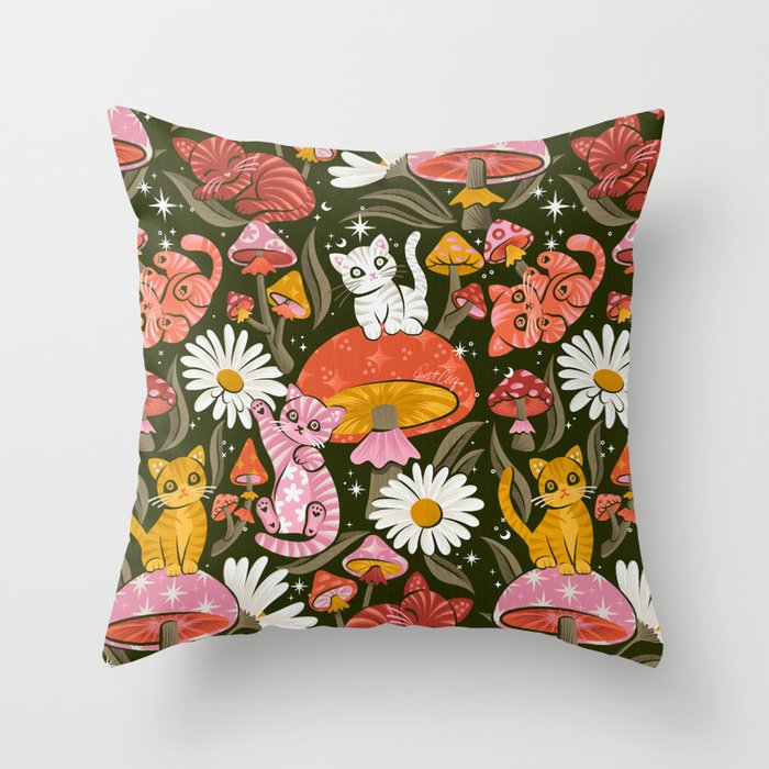 Kittens & Shrooms - Pink & Coral on Olive Throw Pillow Gallery Image 6