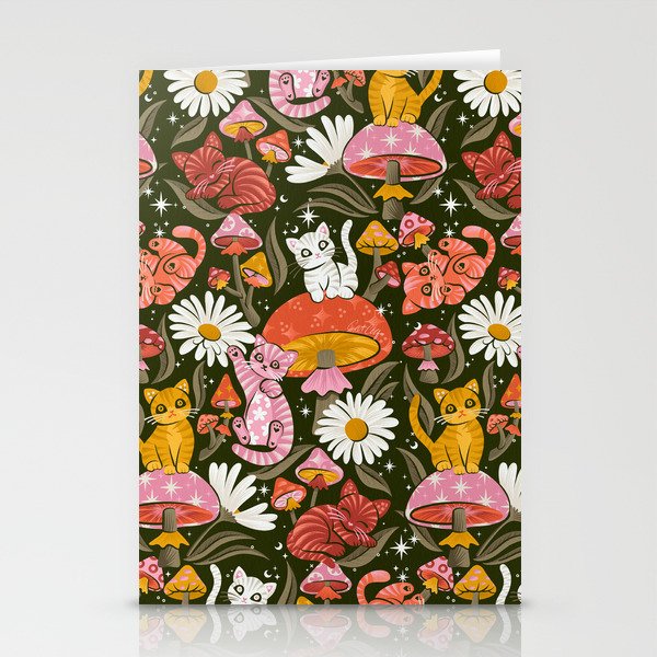 Kittens & Shrooms - Pink & Coral on Olive Stationery Card Gallery Image 2