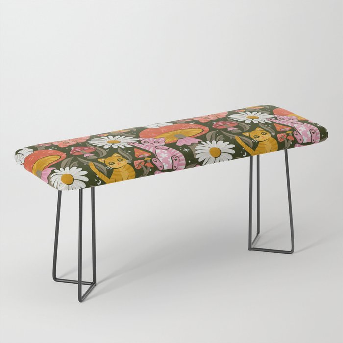 Kittens & Shrooms - Pink & Coral on Olive Bench Gallery Image 1