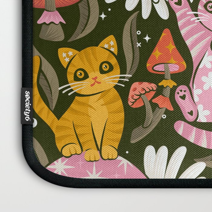 Kittens & Shrooms - Pink & Coral on Olive Laptop Sleeve Gallery Image 3