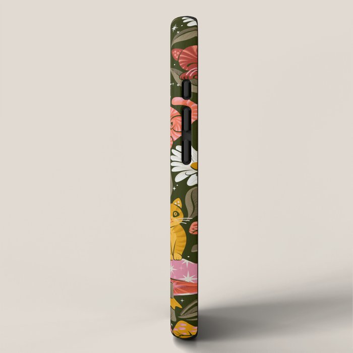 Kittens & Shrooms - Pink & Coral on Olive iPhone Case Gallery Image 2