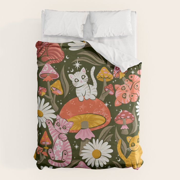 Kittens & Shrooms - Pink & Coral on Olive Duvet Cover Gallery Image 6