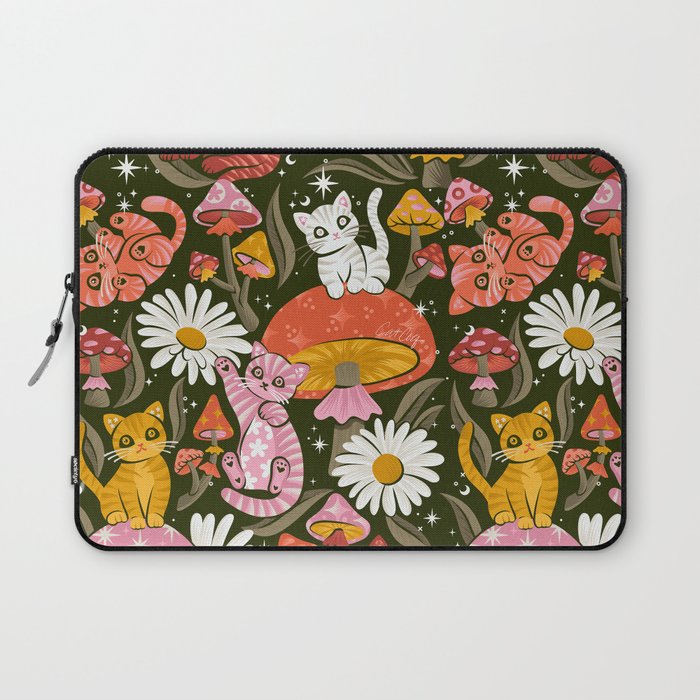 Kittens & Shrooms - Pink & Coral on Olive Laptop Sleeve Gallery Image 1