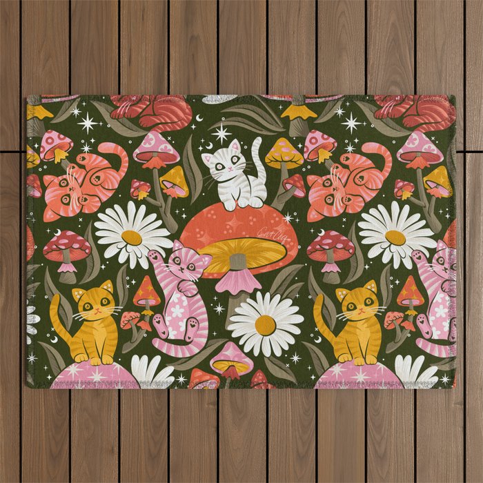 Kittens & Shrooms - Pink & Coral on Olive Outdoor Rug Gallery Image 1